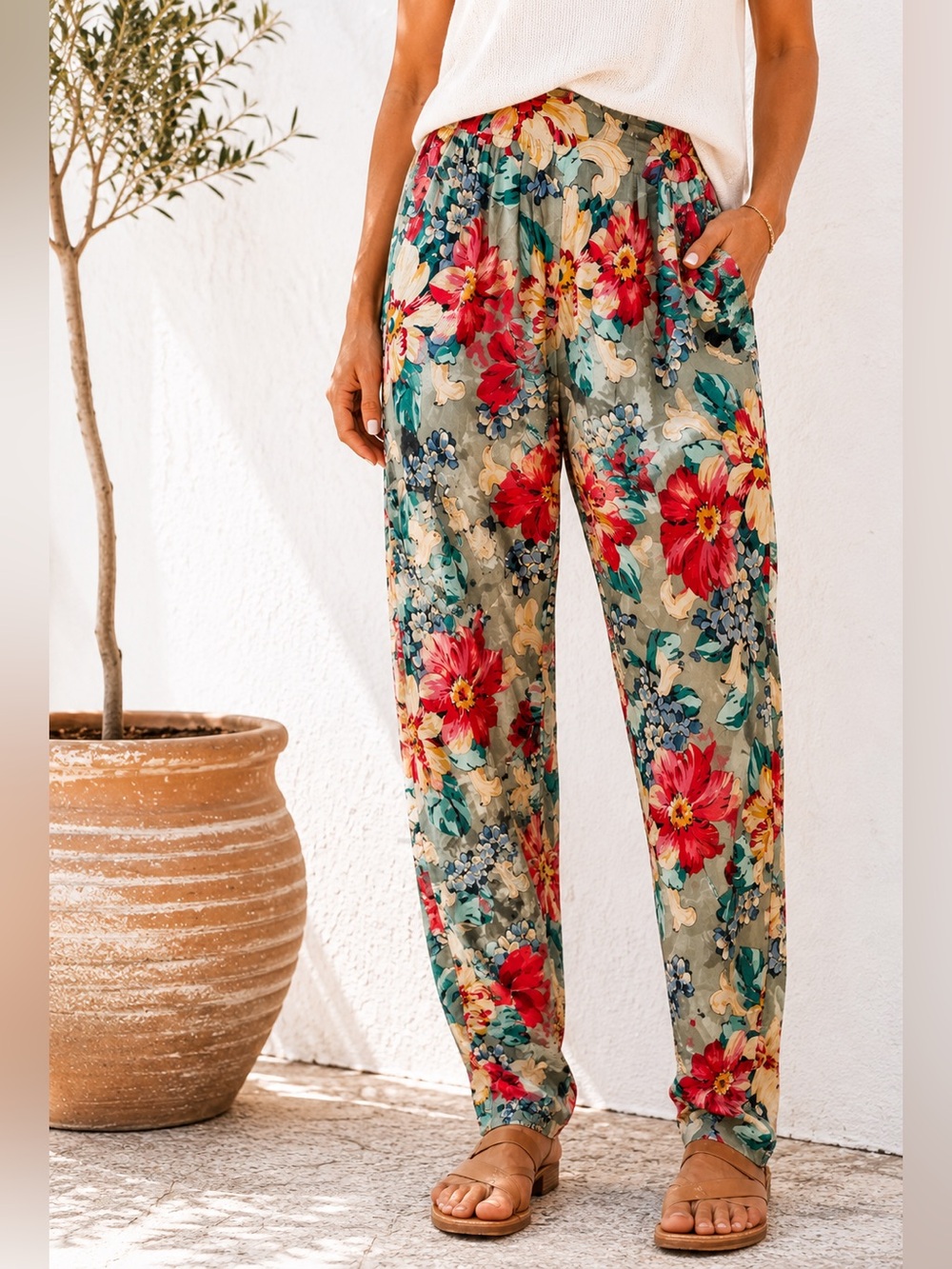 Floral Taper Leg Pull On Pants Tropical Resort Size 10 • 90s Resort